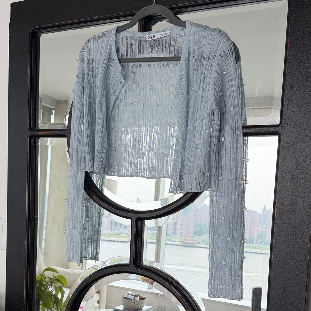 Zara Pale Blue Pearl-Embellished Cropped Cardigan